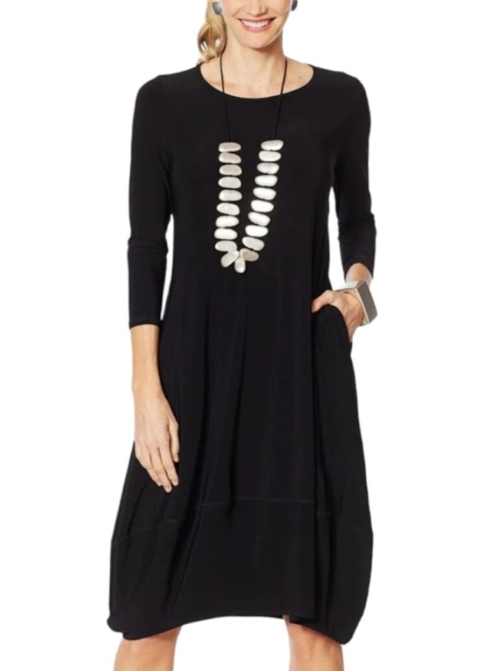 Marla Wynne matte jersey knit balloon dress black long sleeve with pockets 1X